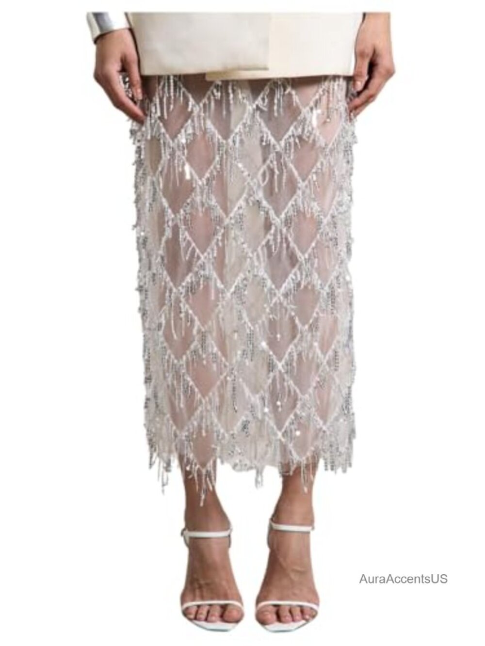Women's Sequin Fringe Midi Pencil Skirt Mesh Sheer Sparkly Party